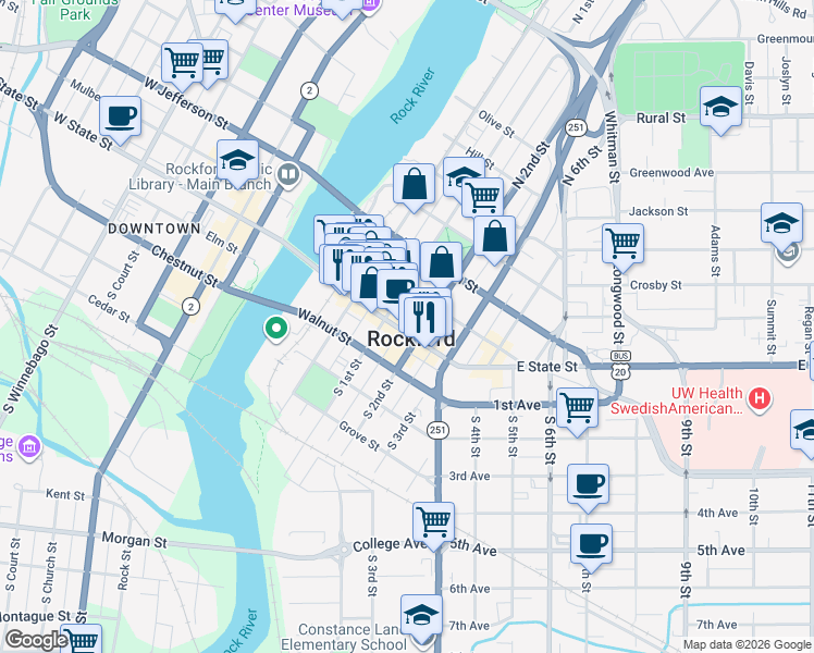 map of restaurants, bars, coffee shops, grocery stores, and more near 417 Market Street in Rockford