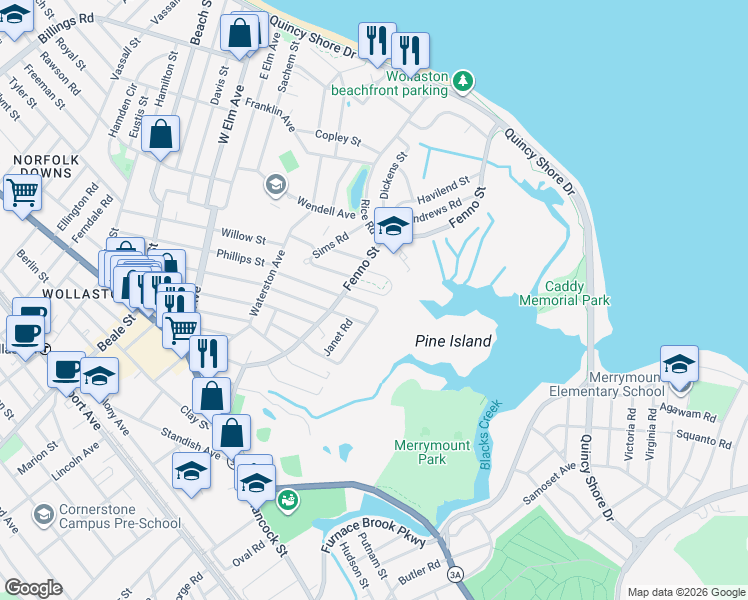 map of restaurants, bars, coffee shops, grocery stores, and more near 28 Langley Circle in Quincy