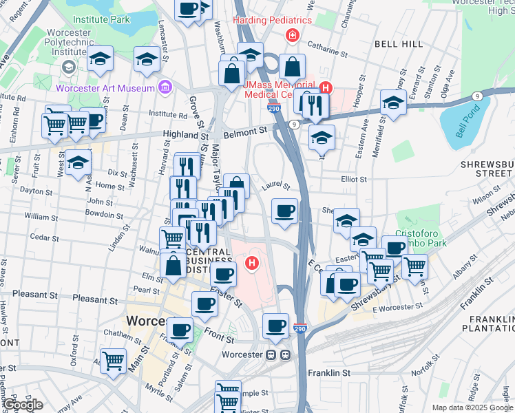 map of restaurants, bars, coffee shops, grocery stores, and more near 7 Laurel Street in Worcester