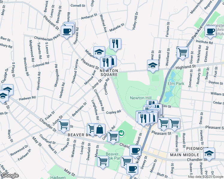 map of restaurants, bars, coffee shops, grocery stores, and more near 678 Pleasant Street in Worcester