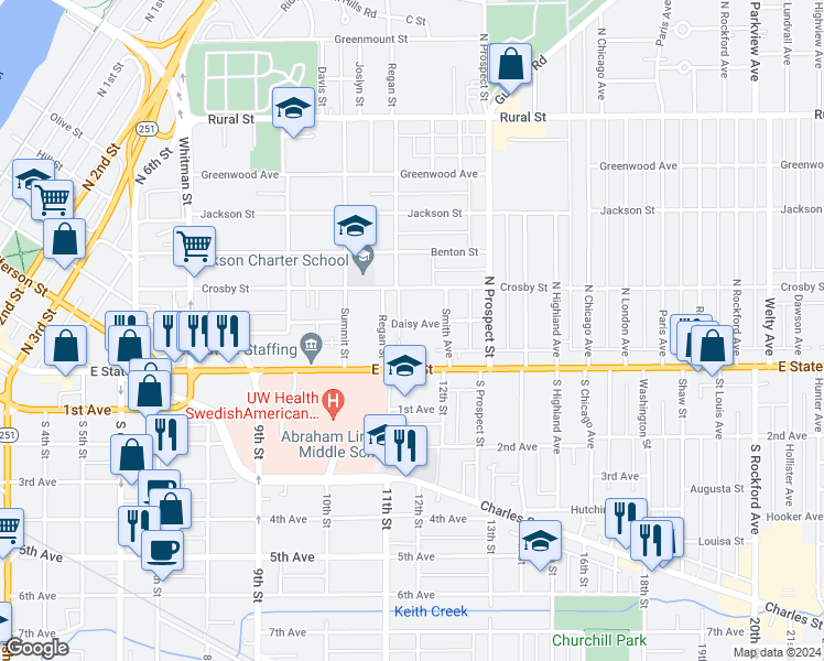 map of restaurants, bars, coffee shops, grocery stores, and more near 1525 Daisy Avenue in Rockford