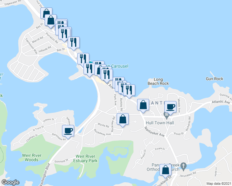 map of restaurants, bars, coffee shops, grocery stores, and more near 169A Nantasket Avenue in Hull