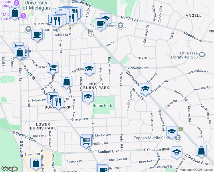 map of restaurants, bars, coffee shops, grocery stores, and more near 1101 Baldwin Avenue in Ann Arbor