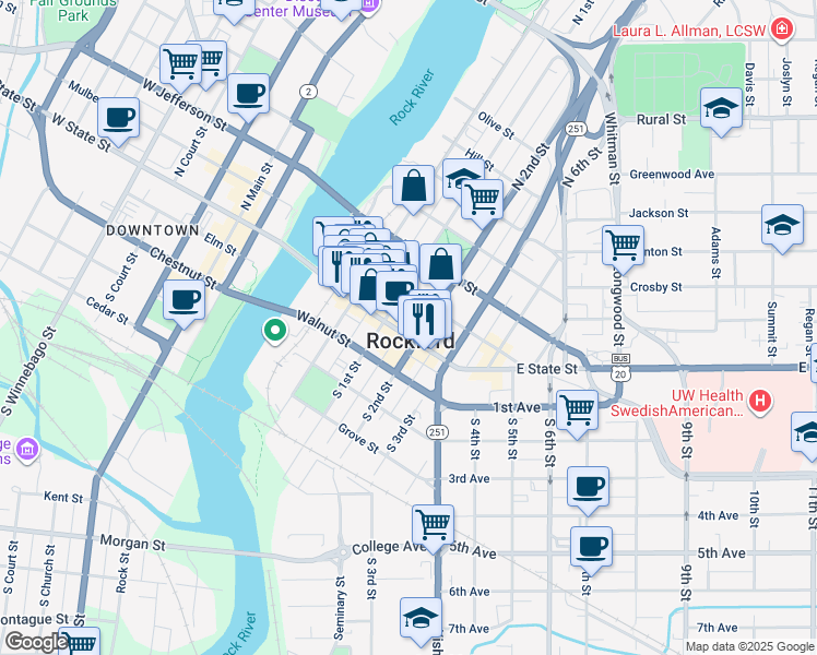 map of restaurants, bars, coffee shops, grocery stores, and more near 417 Market Street in Rockford