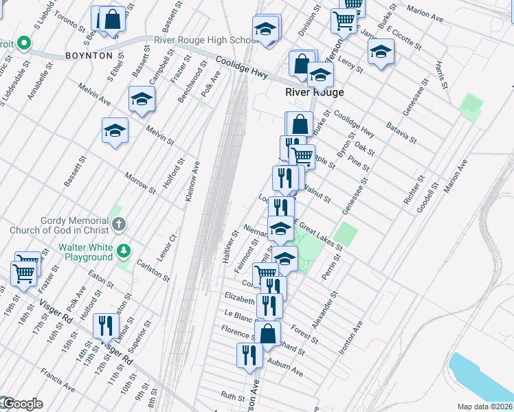 map of restaurants, bars, coffee shops, grocery stores, and more near 127 Haltiner Street in River Rouge