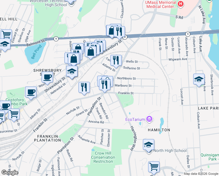 map of restaurants, bars, coffee shops, grocery stores, and more near 282 Plantation Street in Worcester