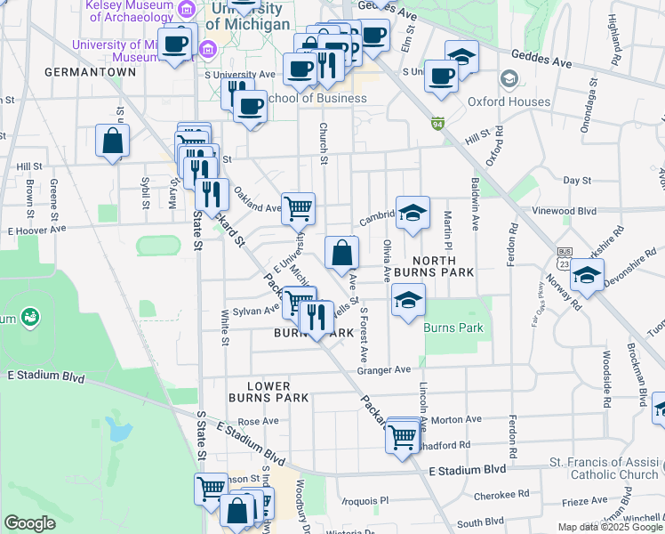 map of restaurants, bars, coffee shops, grocery stores, and more near 1203 Church Street in Ann Arbor