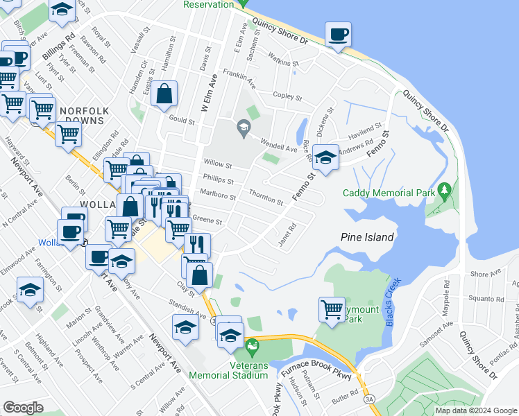 map of restaurants, bars, coffee shops, grocery stores, and more near 164 Marlboro Street in Quincy