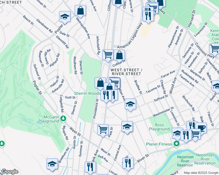 map of restaurants, bars, coffee shops, grocery stores, and more near 915 Hyde Park Avenue in Boston