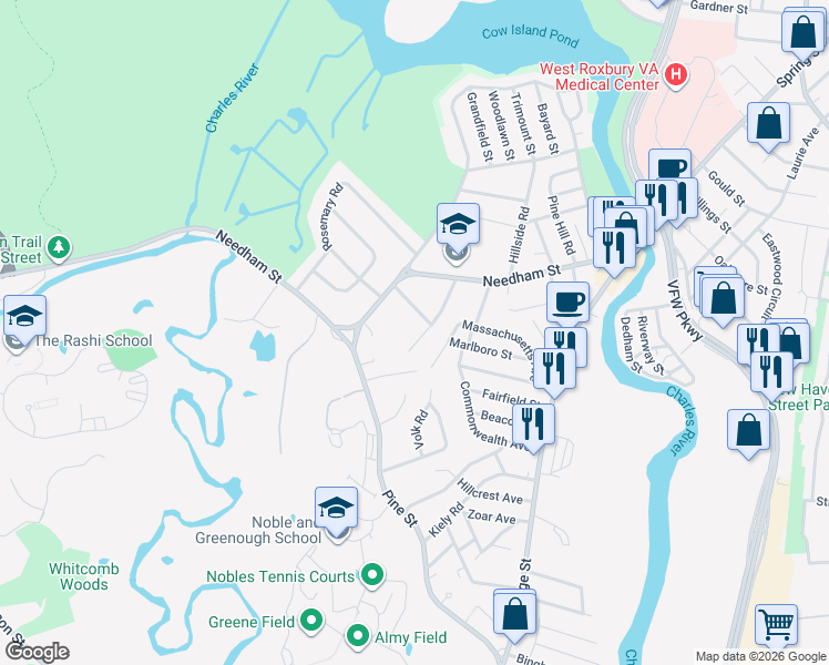 map of restaurants, bars, coffee shops, grocery stores, and more near 12 Mulberry Lane in Dedham