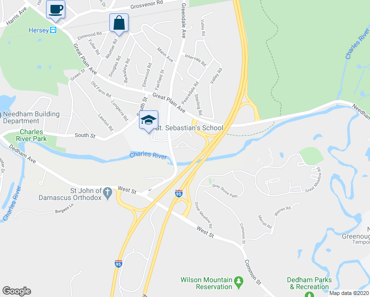 map of restaurants, bars, coffee shops, grocery stores, and more near 1212 Greendale Avenue in Needham