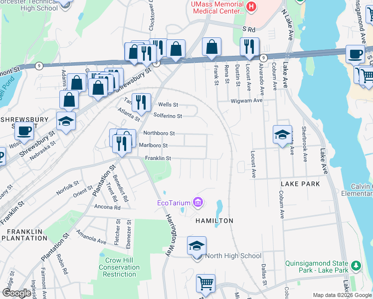 map of restaurants, bars, coffee shops, grocery stores, and more near 7 Pierpont Street in Worcester