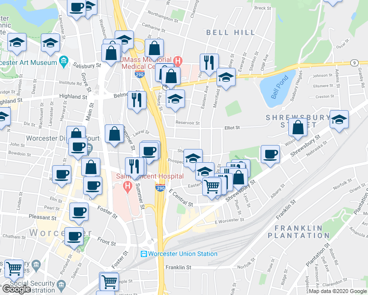 map of restaurants, bars, coffee shops, grocery stores, and more near 57 Laurel Street in Worcester