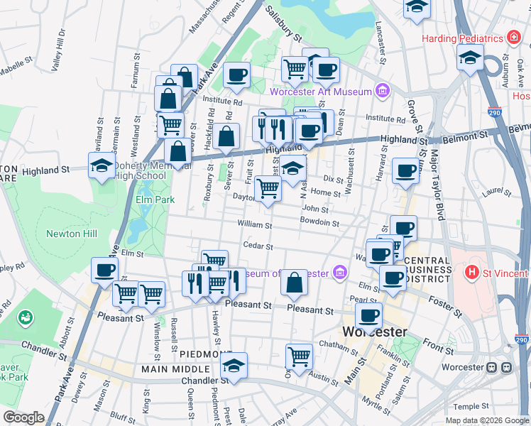 map of restaurants, bars, coffee shops, grocery stores, and more near 2 Dayton Place in Worcester