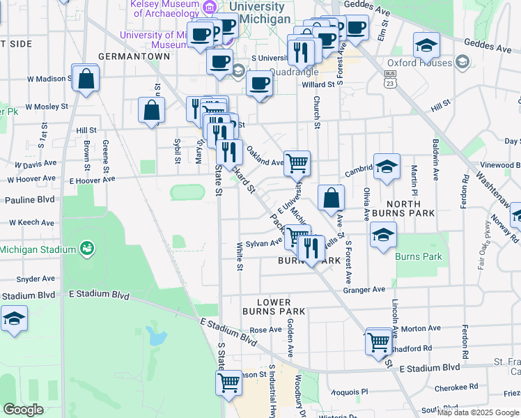 map of restaurants, bars, coffee shops, grocery stores, and more near 909 Packard Street in Ann Arbor