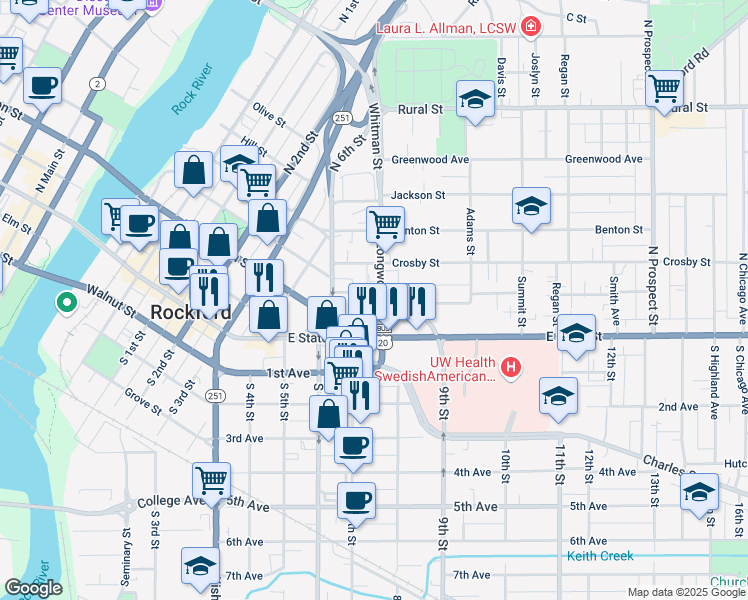 map of restaurants, bars, coffee shops, grocery stores, and more near 1034 Spafford Avenue in Rockford
