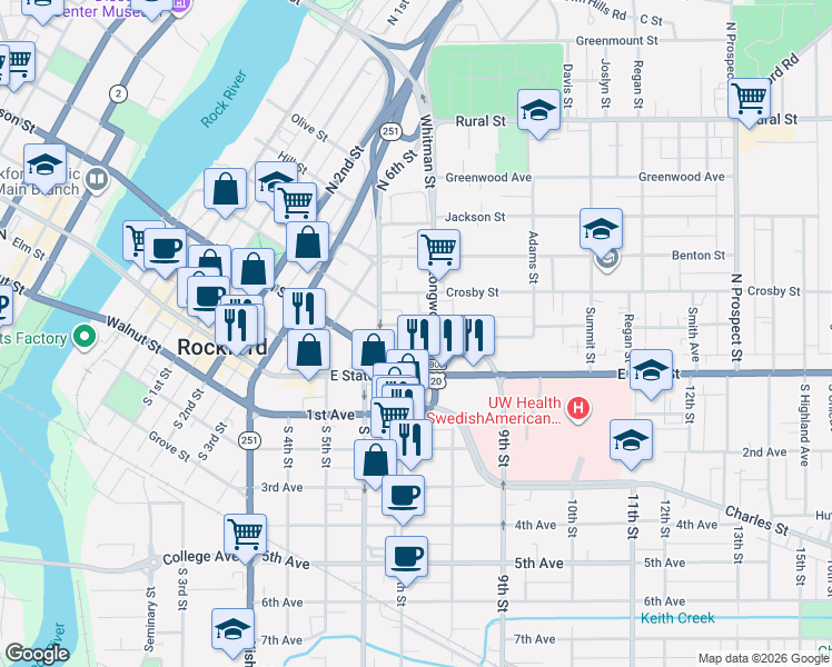 map of restaurants, bars, coffee shops, grocery stores, and more near 1034 Spafford Avenue in Rockford
