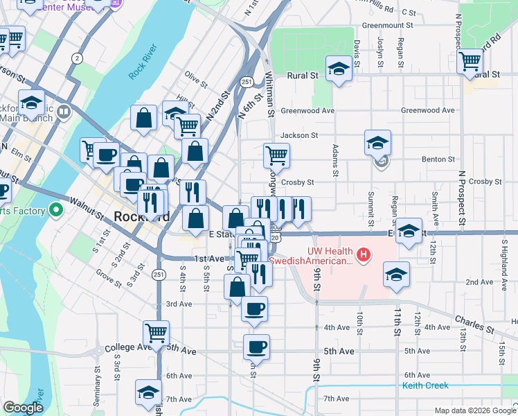 map of restaurants, bars, coffee shops, grocery stores, and more near 1034 Spafford Avenue in Rockford