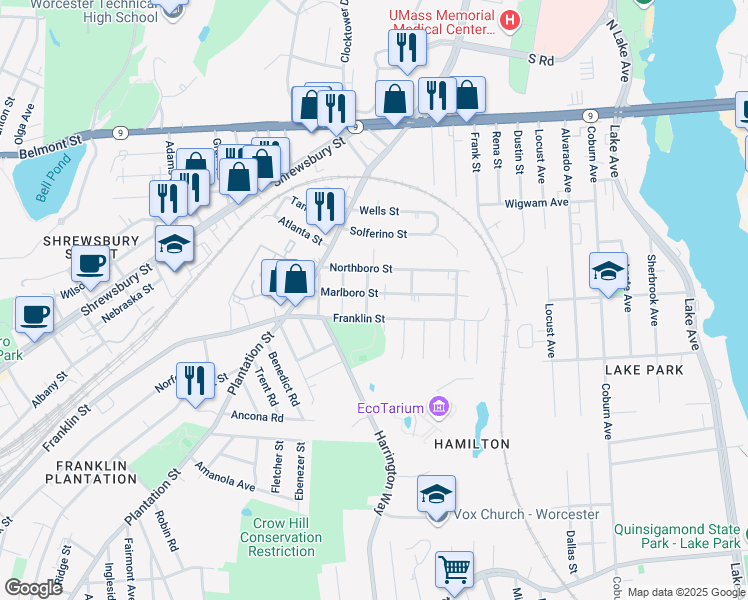 map of restaurants, bars, coffee shops, grocery stores, and more near 23 Marlboro Street in Worcester