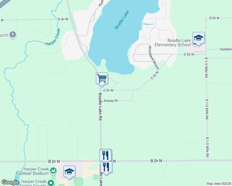 map of restaurants, bars, coffee shops, grocery stores, and more near 2119 Fern Beach in Battle Creek