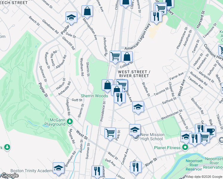 map of restaurants, bars, coffee shops, grocery stores, and more near 39 Willow Avenue in Boston