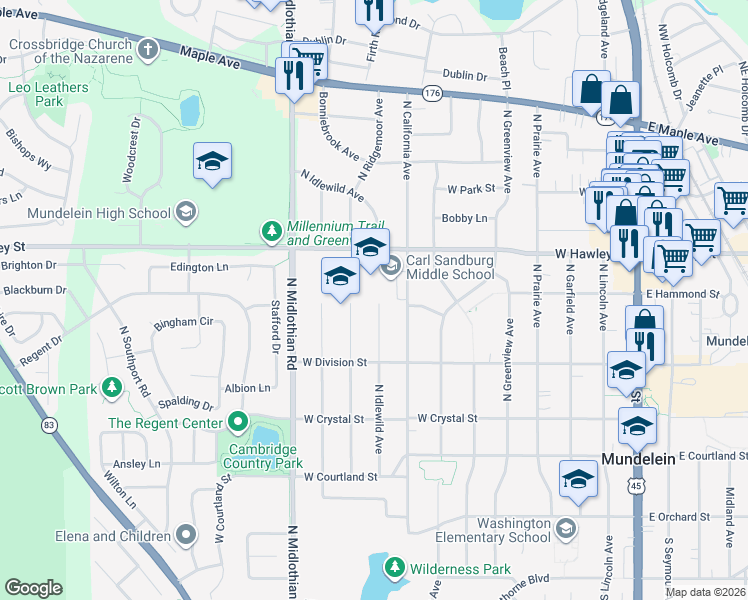 map of restaurants, bars, coffee shops, grocery stores, and more near 270 North Idlewild Avenue in Mundelein