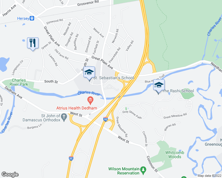 map of restaurants, bars, coffee shops, grocery stores, and more near 1202 Greendale Avenue in Needham