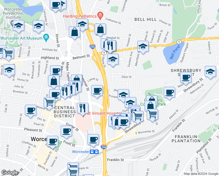 map of restaurants, bars, coffee shops, grocery stores, and more near 9 Shelby Street in Worcester
