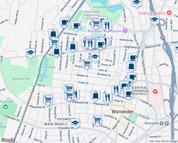 map of restaurants, bars, coffee shops, grocery stores, and more near 79 West Street in Worcester
