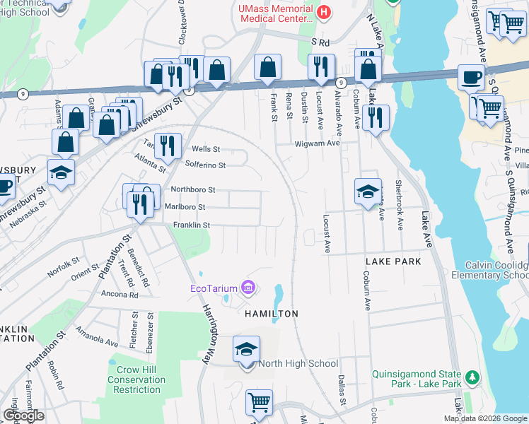 map of restaurants, bars, coffee shops, grocery stores, and more near 8 Pollock Street in Worcester
