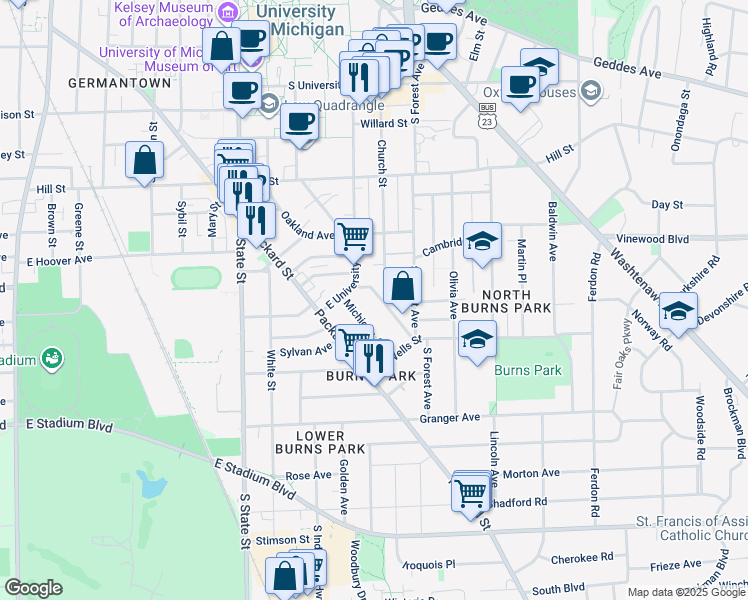 map of restaurants, bars, coffee shops, grocery stores, and more near 1114 Prospect Avenue in Ann Arbor
