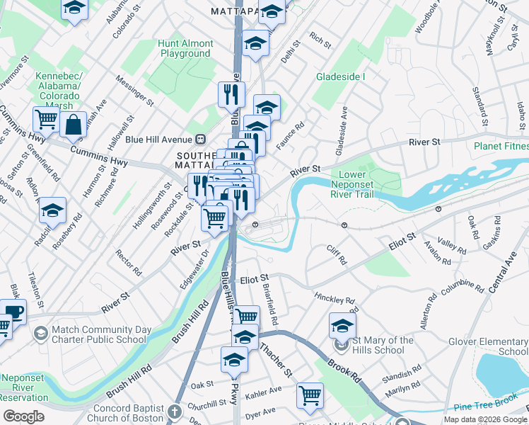 map of restaurants, bars, coffee shops, grocery stores, and more near 466 River Street in Boston