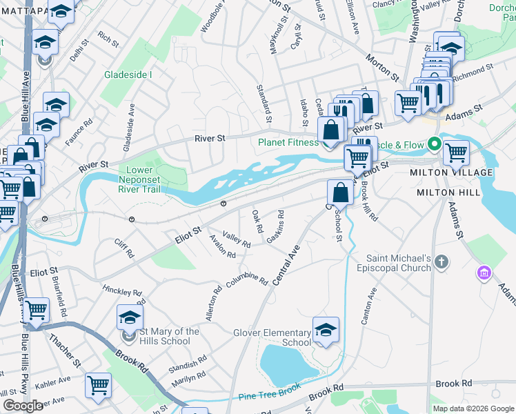 map of restaurants, bars, coffee shops, grocery stores, and more near 247 Eliot Street in Milton