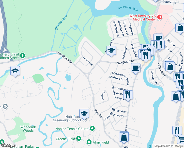 map of restaurants, bars, coffee shops, grocery stores, and more near 235 Needham Street in Dedham