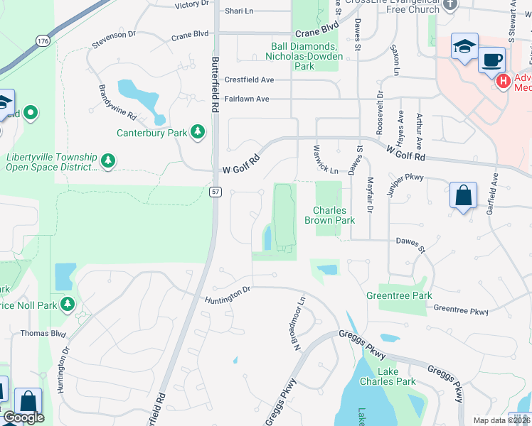 map of restaurants, bars, coffee shops, grocery stores, and more near 2327 Hazeltime Drive in Vernon Hills