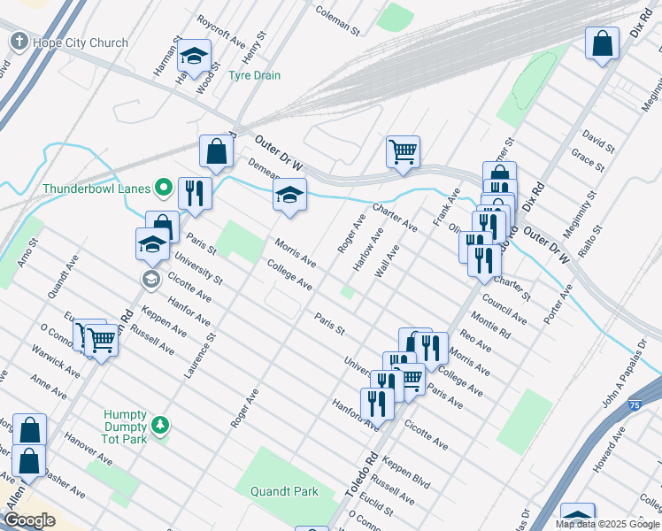 map of restaurants, bars, coffee shops, grocery stores, and more near 4060 Roger Avenue in Allen Park