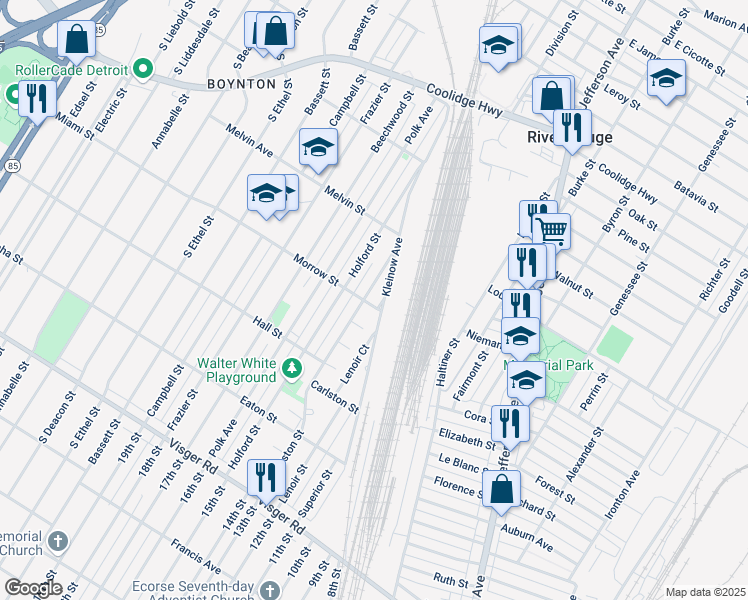 map of restaurants, bars, coffee shops, grocery stores, and more near 391 Holford Street in River Rouge