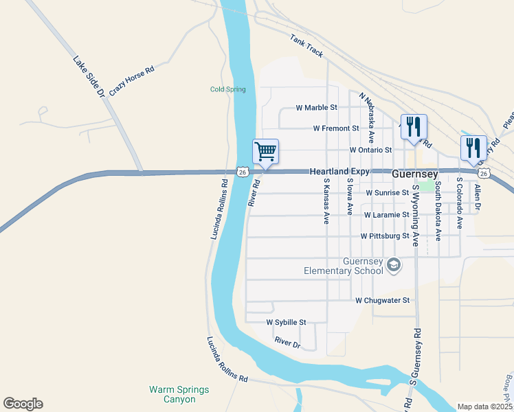 map of restaurants, bars, coffee shops, grocery stores, and more near 400-672 West Sunrise Street in Guernsey