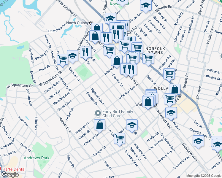 map of restaurants, bars, coffee shops, grocery stores, and more near 62 Hobart Street in Quincy