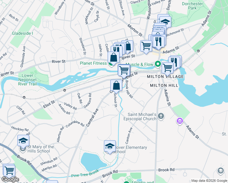 map of restaurants, bars, coffee shops, grocery stores, and more near 54 Central Avenue in Milton