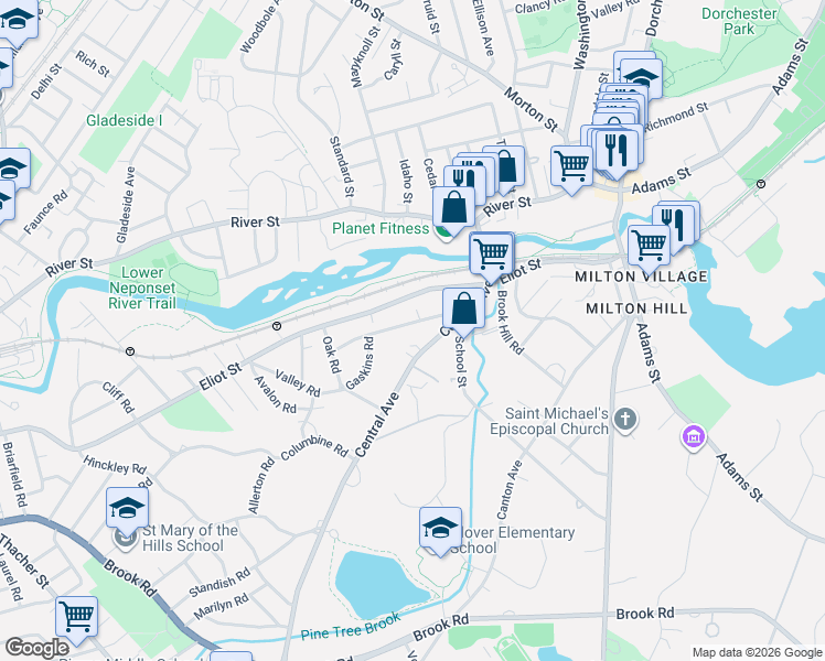 map of restaurants, bars, coffee shops, grocery stores, and more near 41 Maple Street in Milton