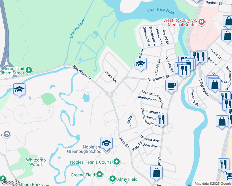 map of restaurants, bars, coffee shops, grocery stores, and more near 235 Needham Street in Dedham