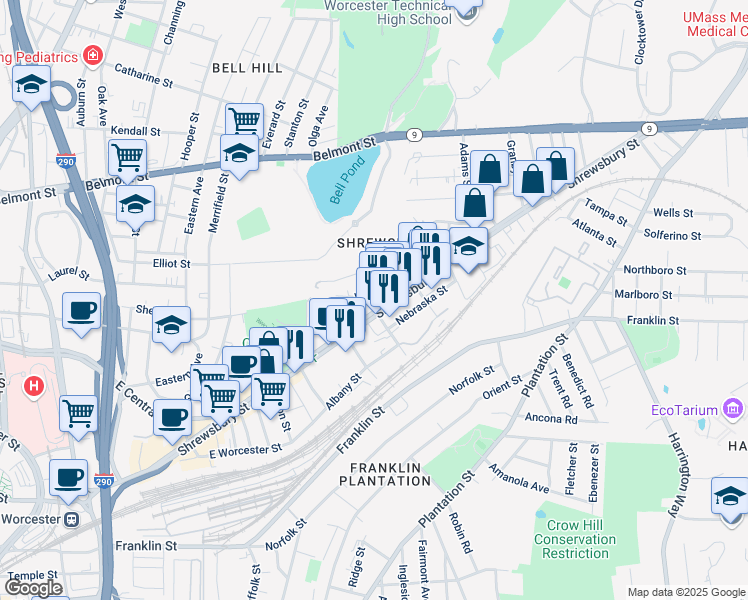 map of restaurants, bars, coffee shops, grocery stores, and more near 9 Wilson Street in Worcester