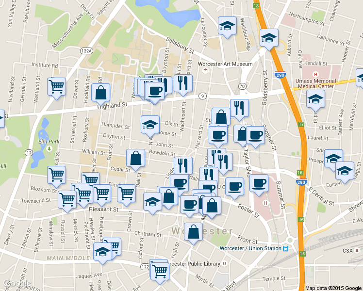 map of restaurants, bars, coffee shops, grocery stores, and more near 6 Wachusett Street in Worcester