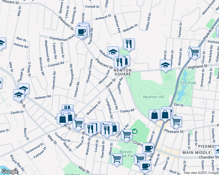 map of restaurants, bars, coffee shops, grocery stores, and more near 29 June Street in Worcester