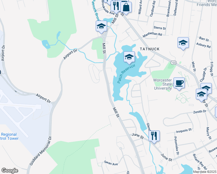 map of restaurants, bars, coffee shops, grocery stores, and more near 483 Mill Street in Worcester