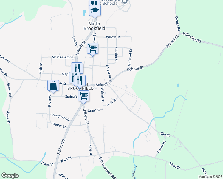 map of restaurants, bars, coffee shops, grocery stores, and more near 8 Elm Street in North Brookfield