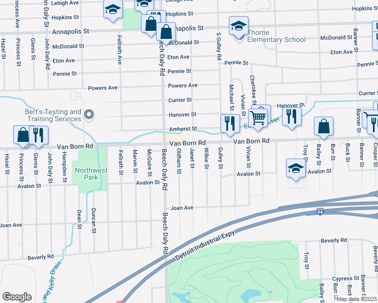map of restaurants, bars, coffee shops, grocery stores, and more near 25617 Van Born Road in Taylor