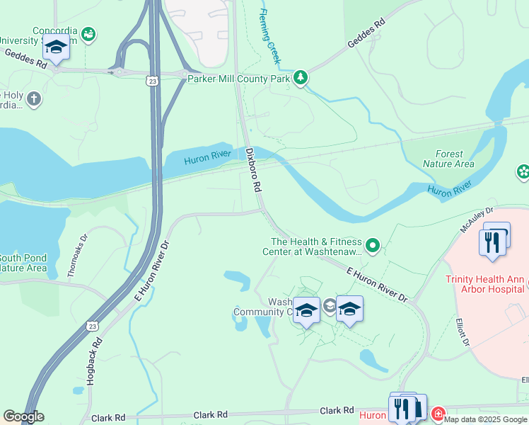 map of restaurants, bars, coffee shops, grocery stores, and more near 70 S Dixboro Rd in Ann Arbor