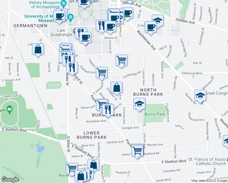 map of restaurants, bars, coffee shops, grocery stores, and more near 1127 Prospect Street in Ann Arbor